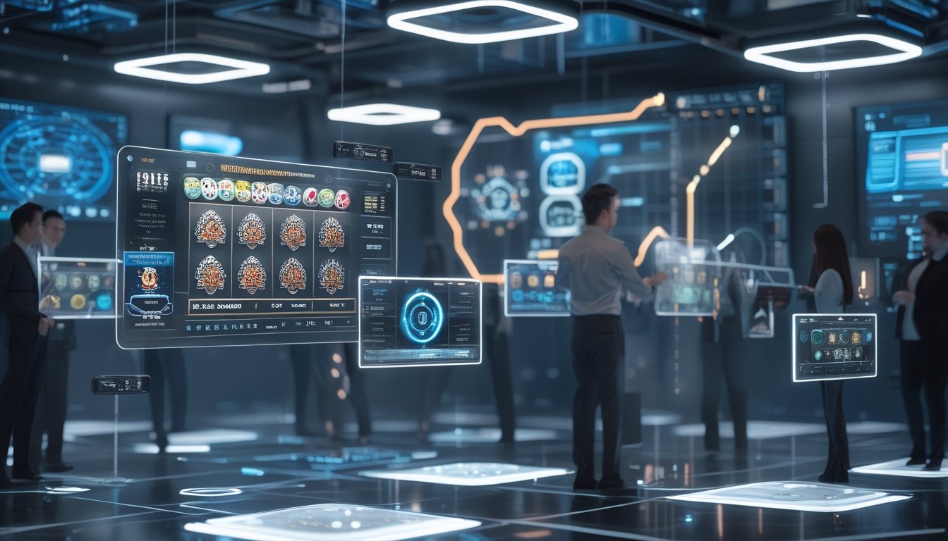 Seorang pria dan wanita menggunakan layar sentuh holografik di ruangan modern dengan mesin kasino virtual dan grafik teknologi di latar belakang.