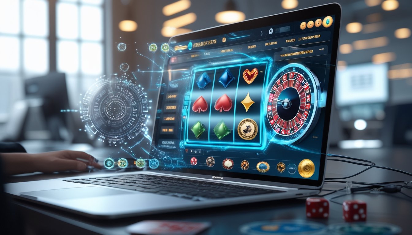 Seorang profesional menggunakan laptop dengan tampilan permainan kasino online dan elemen teknologi digital di sekitarnya.
