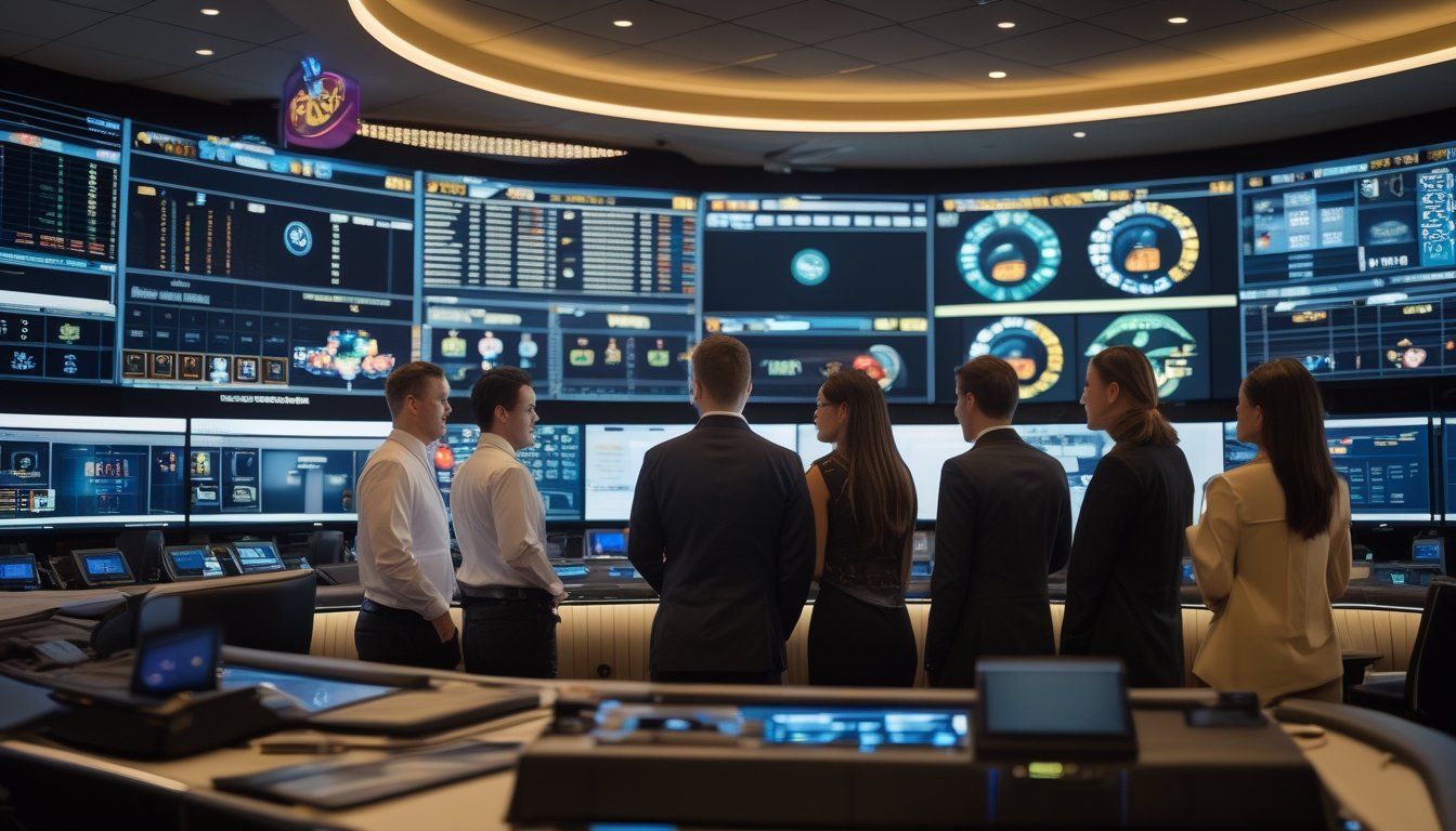 Ruang kontrol kasino modern dengan beberapa profesional yang memantau layar besar berisi data permainan dan pengawasan keamanan.