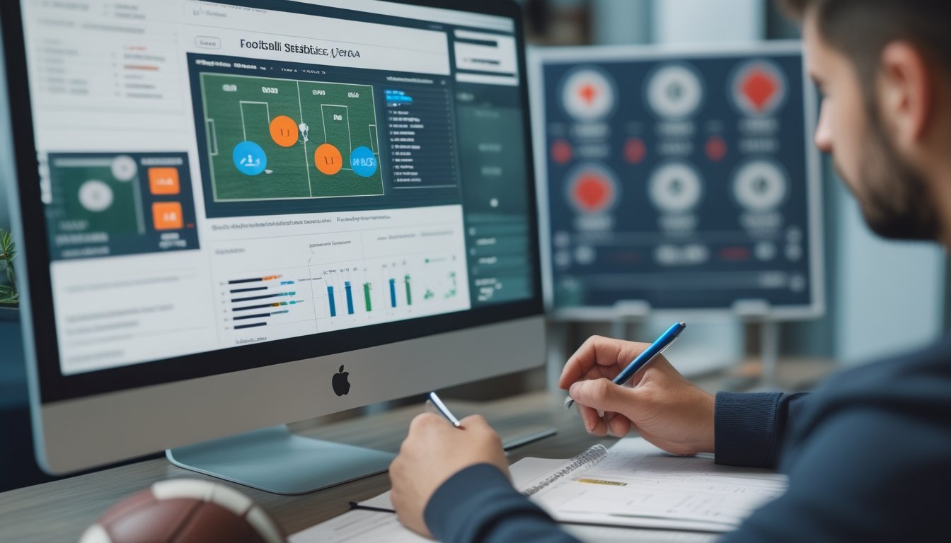 Meja kerja dengan komputer yang menampilkan statistik pertandingan sepak bola dan seseorang sedang menganalisis data tersebut.