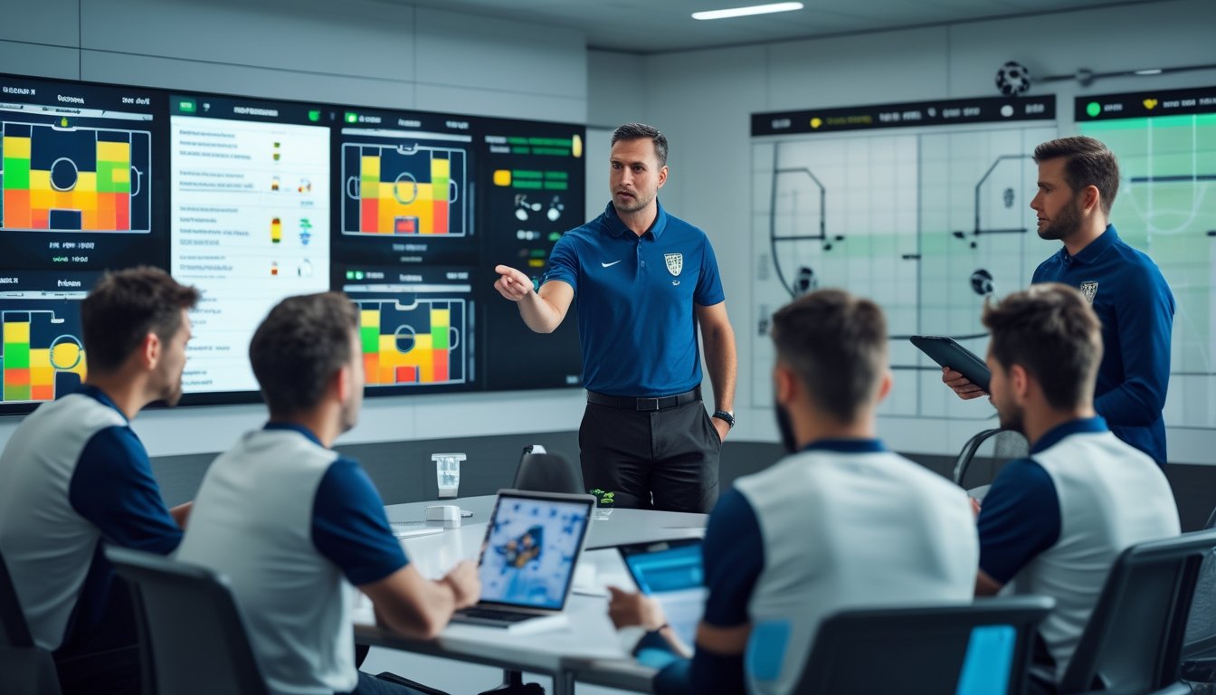 Seorang pelatih sepak bola dan tim analis sedang memeriksa data dan menganalisis strategi tim sebelum pertandingan di sebuah ruang modern.