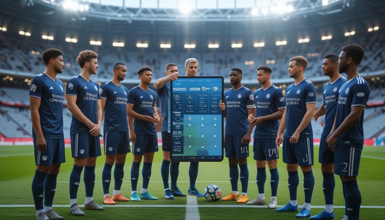 Sekelompok pemain sepak bola dan pelatih sedang berdiskusi dan menganalisis strategi sebelum pertandingan di stadion.