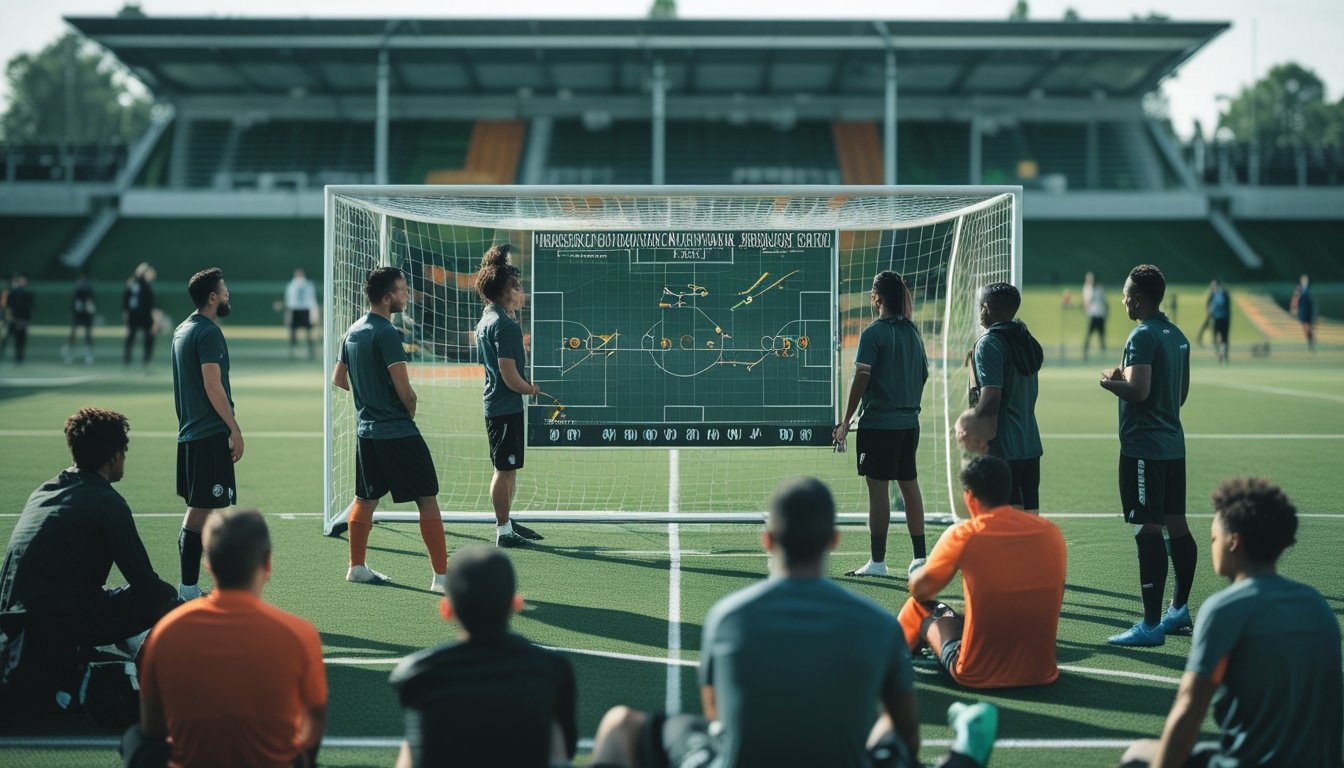 Pelatih sepak bola menjelaskan formasi dan taktik kepada pemain di lapangan hijau.
