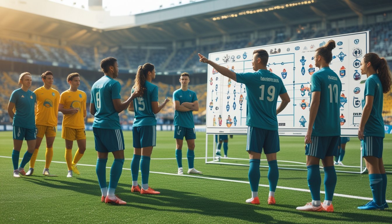 Seorang pelatih sepak bola sedang menjelaskan formasi dan taktik kepada pemain di lapangan hijau dengan stadion penuh penonton di latar belakang.