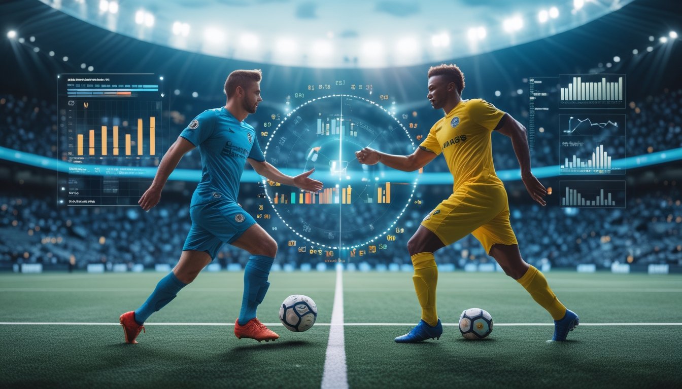 Dua pemain sepak bola dari tim berbeda saling berhadapan di lapangan dengan grafik data mengambang di antara mereka, latar belakang stadion penuh penonton.