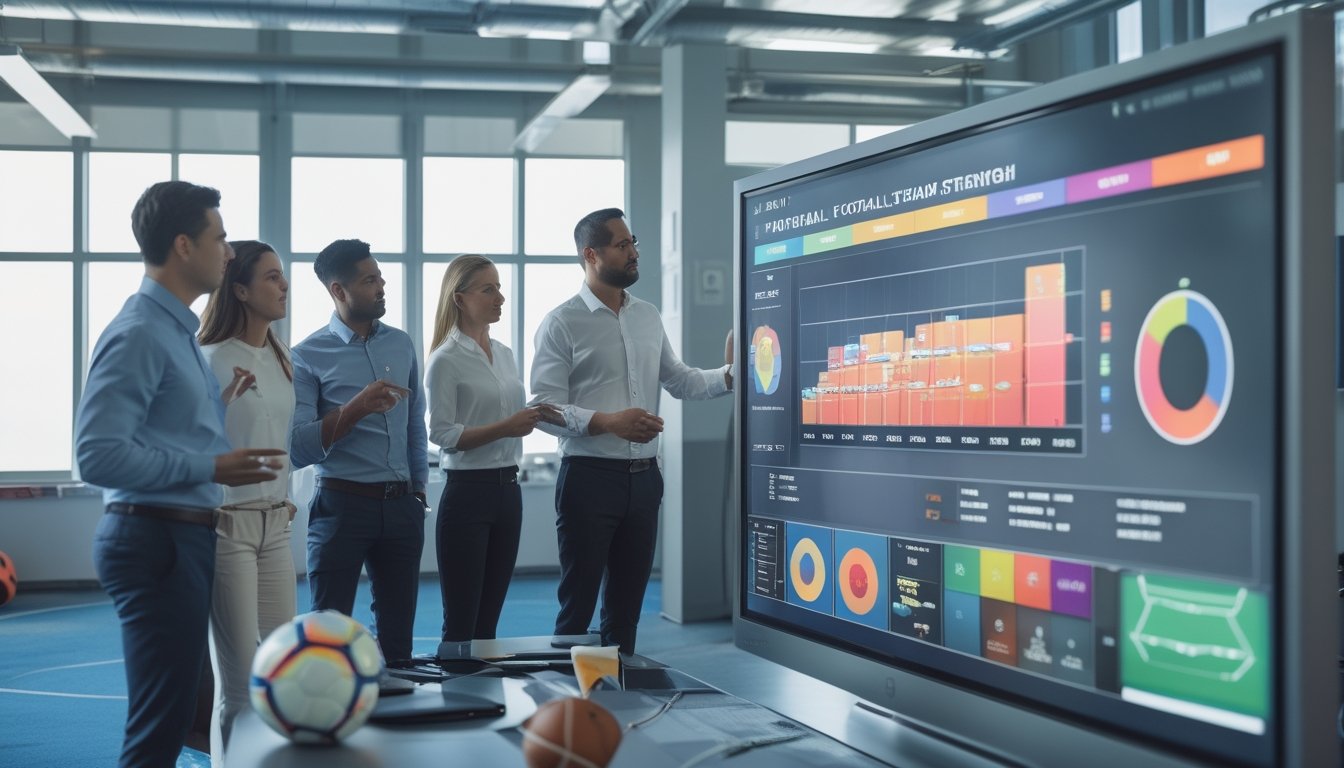 Sekelompok analis dan pelatih sepak bola sedang berdiskusi di sekitar meja digital yang menampilkan grafik dan statistik performa tim sepak bola.