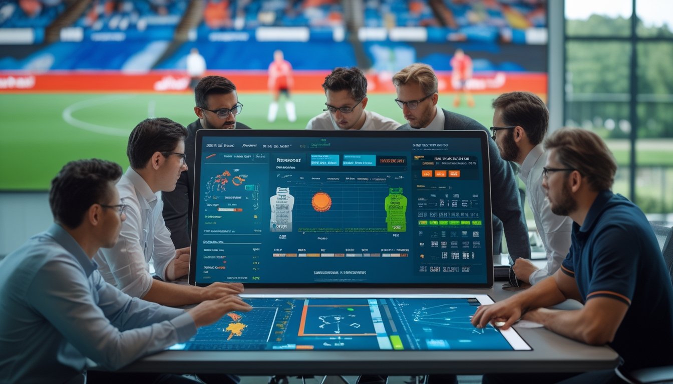 Sekelompok analis olahraga sedang bekerja bersama di kantor dengan layar besar menampilkan statistik dan grafik sepak bola.