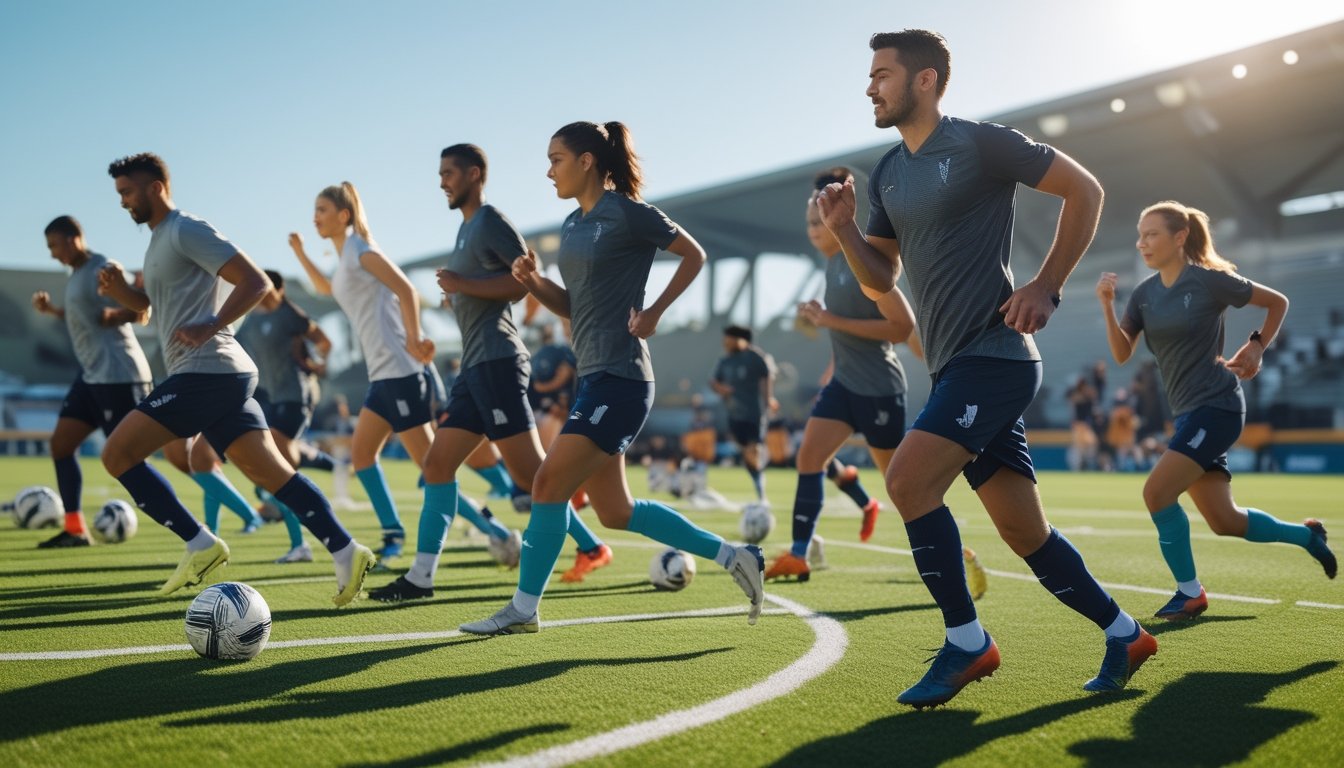 Sejumlah pemain sepak bola sedang melakukan pemanasan dan latihan ringan di lapangan hijau sebelum pertandingan.
