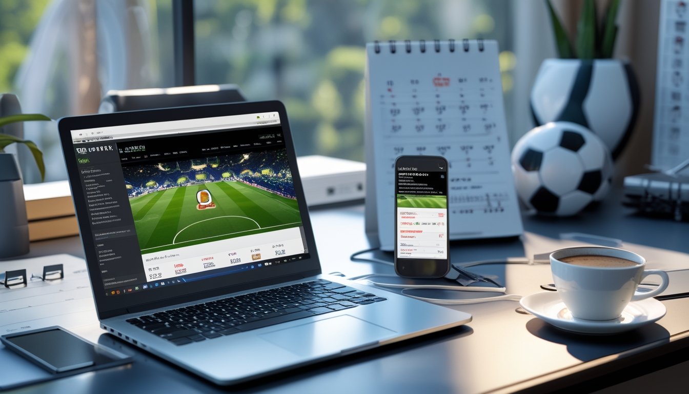 Meja kerja dengan laptop dan ponsel yang menampilkan jadwal dan hasil pertandingan sepak bola terbaru, dilengkapi dengan bola sepak kecil dan kalender di sekitarnya.