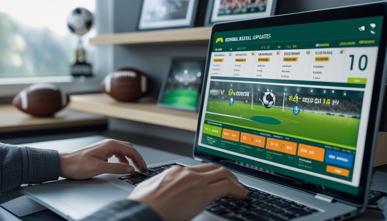 Meja kerja dengan laptop dan monitor menampilkan jadwal dan hasil pertandingan sepak bola terbaru, tangan seseorang sedang menggunakan laptop.