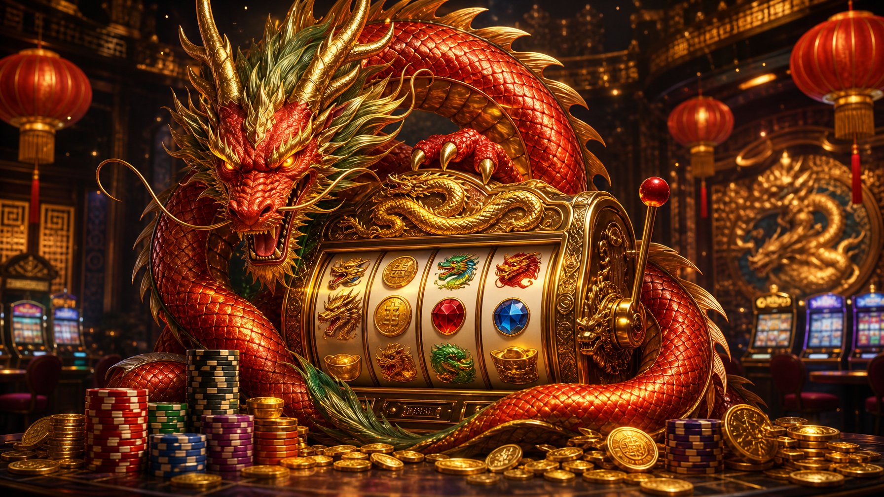 A Large Dragon Wrapped Around A Glowing Slot Machine With Casino Chips And Gold Coins In A Casino Setting.