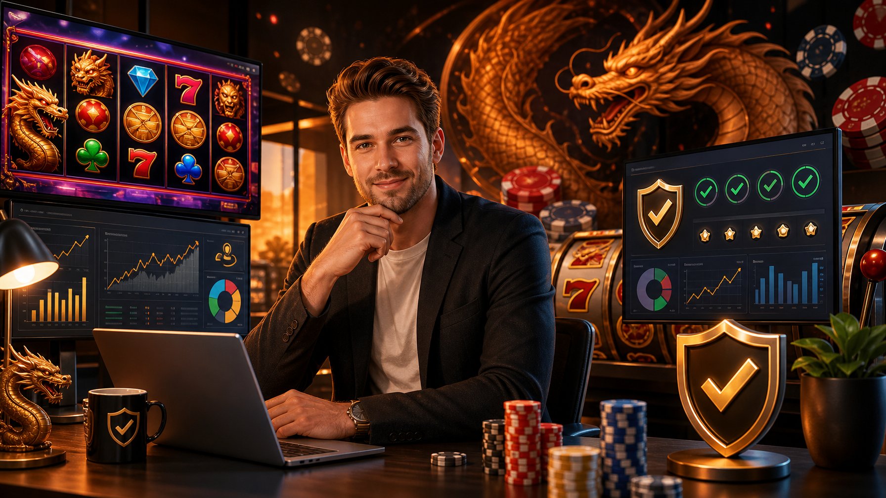 A Casino Reviewer At A Desk With Digital Screens Showing Slot Machines, Charts, And Trust Icons, With A Dragon Motif And Casino Chips In The Background.