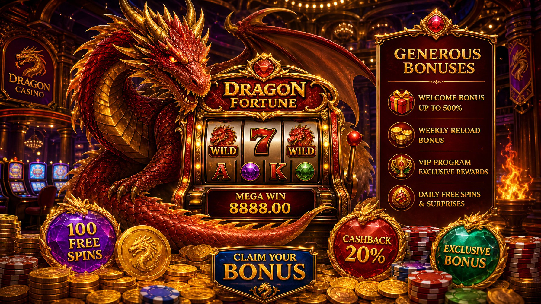 A Dragon Coiled Around A Glowing Slot Machine Surrounded By Coins And Casino Chips In A Luxurious Casino Setting.