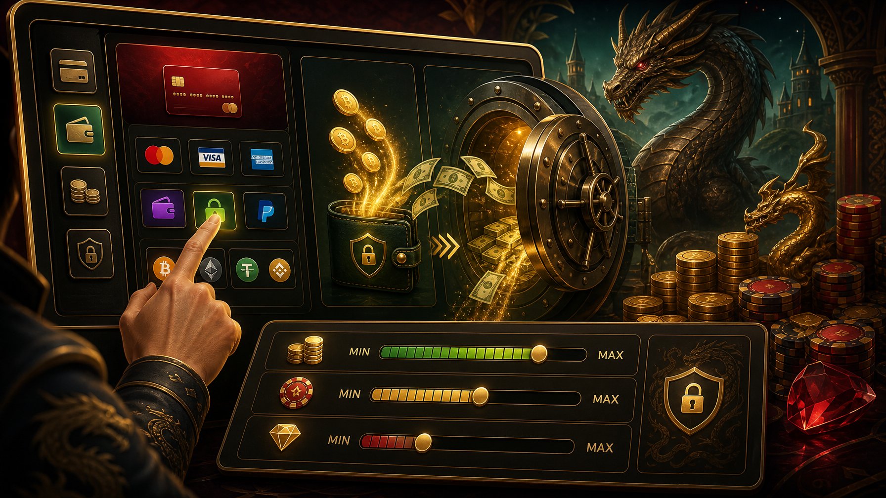 A Person Using A Digital Interface With DragonThemed Elements, Showing Payment Options, Cashout Process With Coins Flowing Into A Vault, And Visual Indicators Of Transaction Limits.