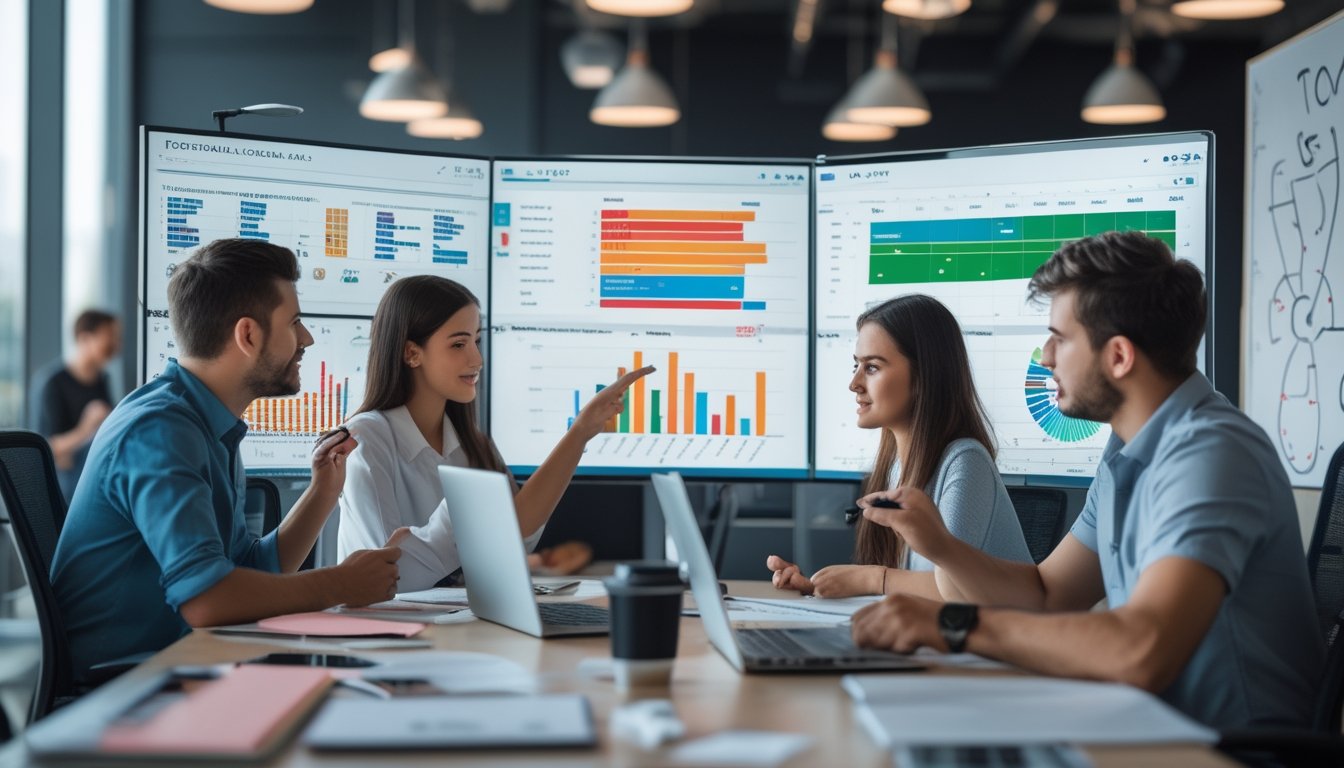 Sekelompok profesional muda sedang menganalisis data statistik sepak bola di ruang kantor dengan layar digital dan grafik warna-warni.