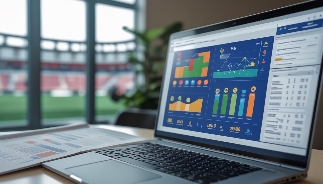 Seorang profesional sedang menganalisis data statistik sepak bola di laptop dengan laporan dan latar belakang stadion sepak bola.