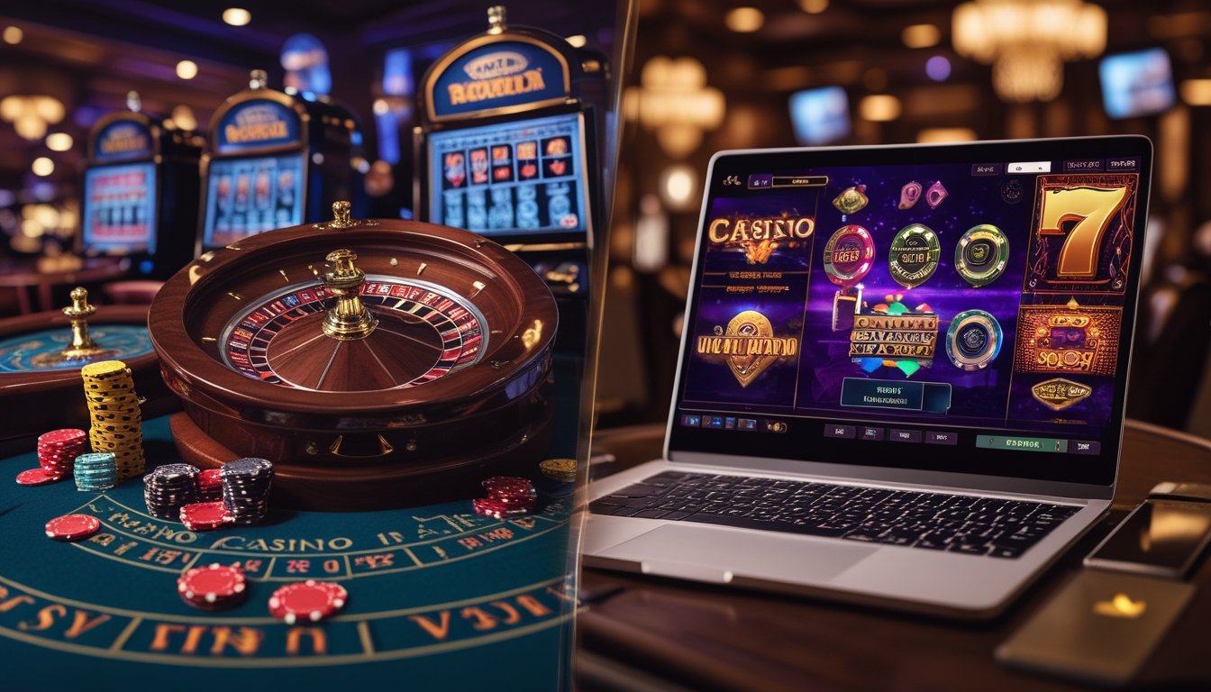 Gambaran perkembangan industri kasino dari mesin slot tradisional dan meja judi ke tampilan kasino digital di layar komputer.