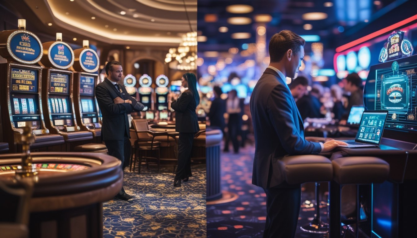 Gambaran perkembangan industri kasino dari mesin slot tradisional dan meja roulette ke permainan kasino digital di perangkat modern.