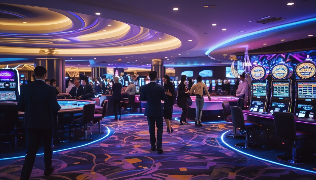 Orang-orang bermain di dalam kasino modern dengan lampu warna-warni dan meja permainan seperti poker dan roulette.