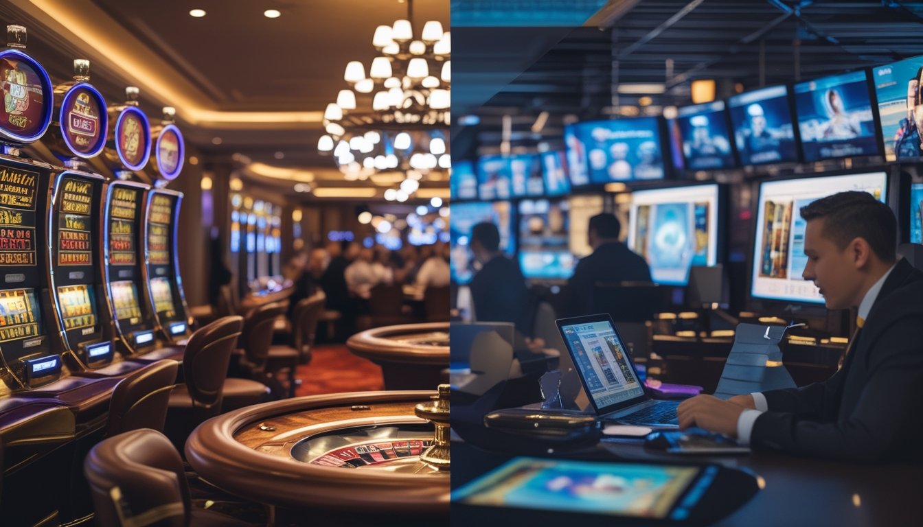 Gambaran perbedaan antara kasino konvensional dengan suasana mewah dan mesin slot di satu sisi, dan platform game digital interaktif dengan orang menggunakan perangkat elektronik di sisi lain.