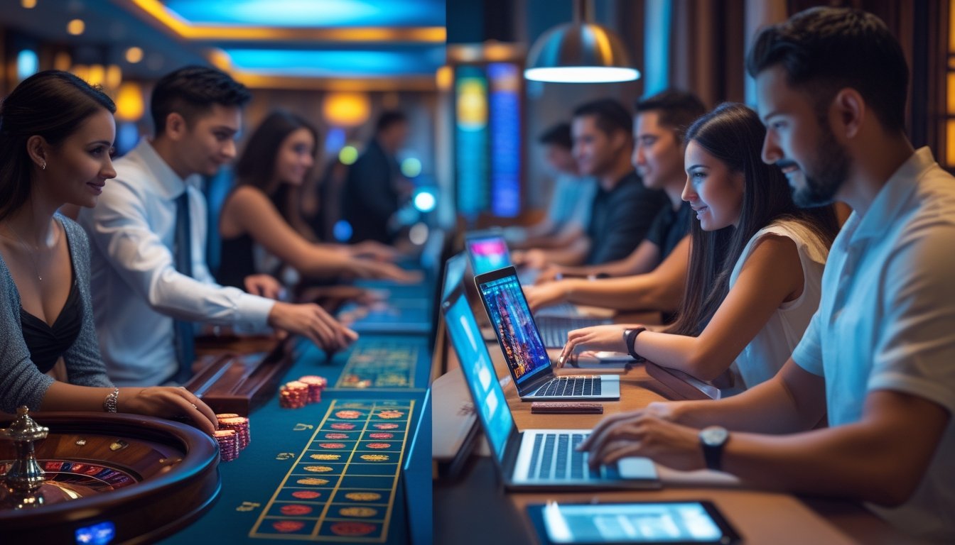 Sebuah gambar yang menampilkan perbedaan antara kasino konvensional dengan suasana mewah dan permainan meja, serta platform game digital interaktif dengan orang-orang menggunakan perangkat elektronik di lingkungan santai.