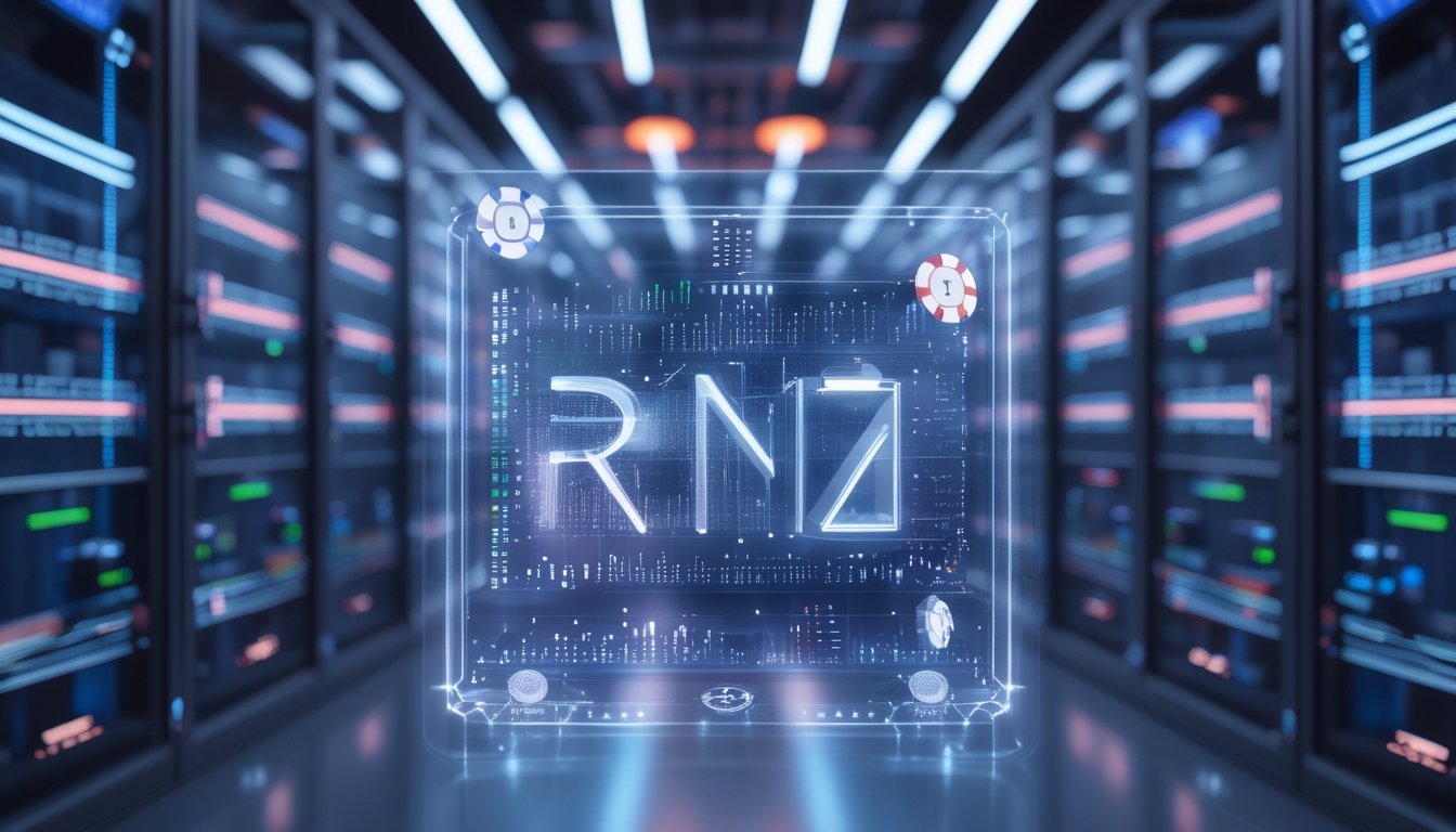 Sebuah ruangan server modern dengan tampilan holografik yang menunjukkan data dan angka acak, dengan elemen kasino seperti kartu dan dadu di latar depan.