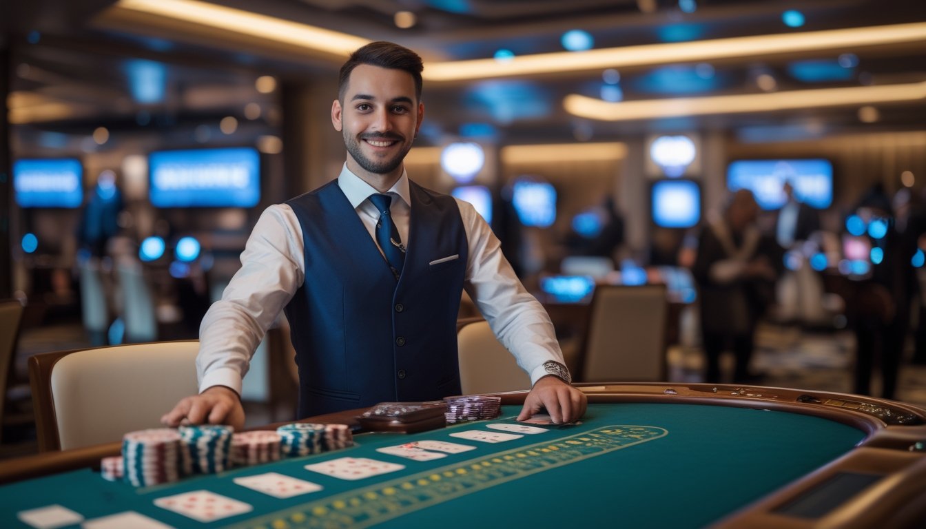 Seorang dealer kasino sedang bekerja di meja permainan dengan kartu dan chip, berinteraksi dengan kamera dalam suasana kasino modern.