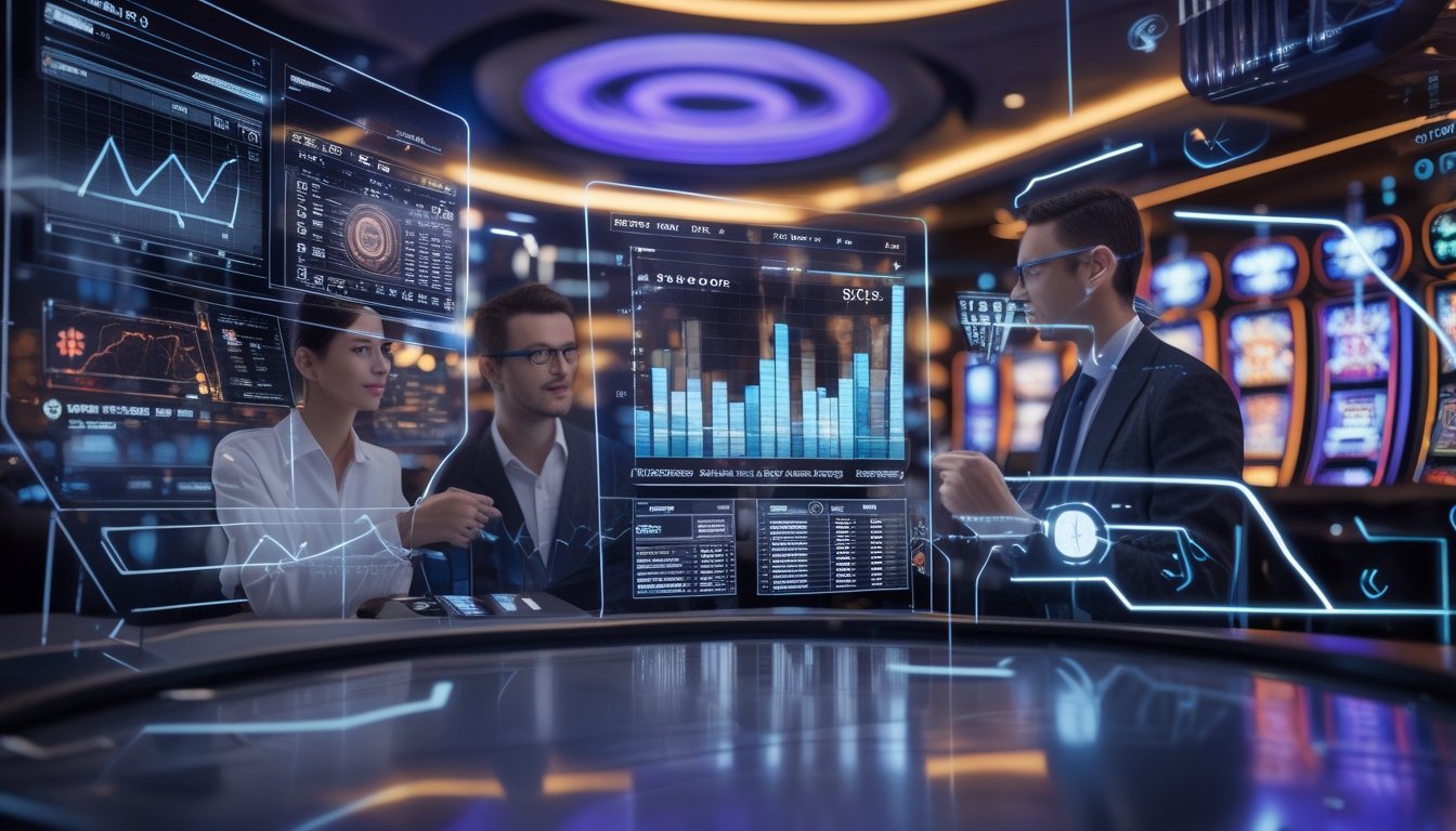 Seorang analis bisnis dan pengembang perangkat lunak berdiskusi di depan layar sentuh transparan di kasino modern dengan tampilan holografik dan mesin slot digital yang menyala.