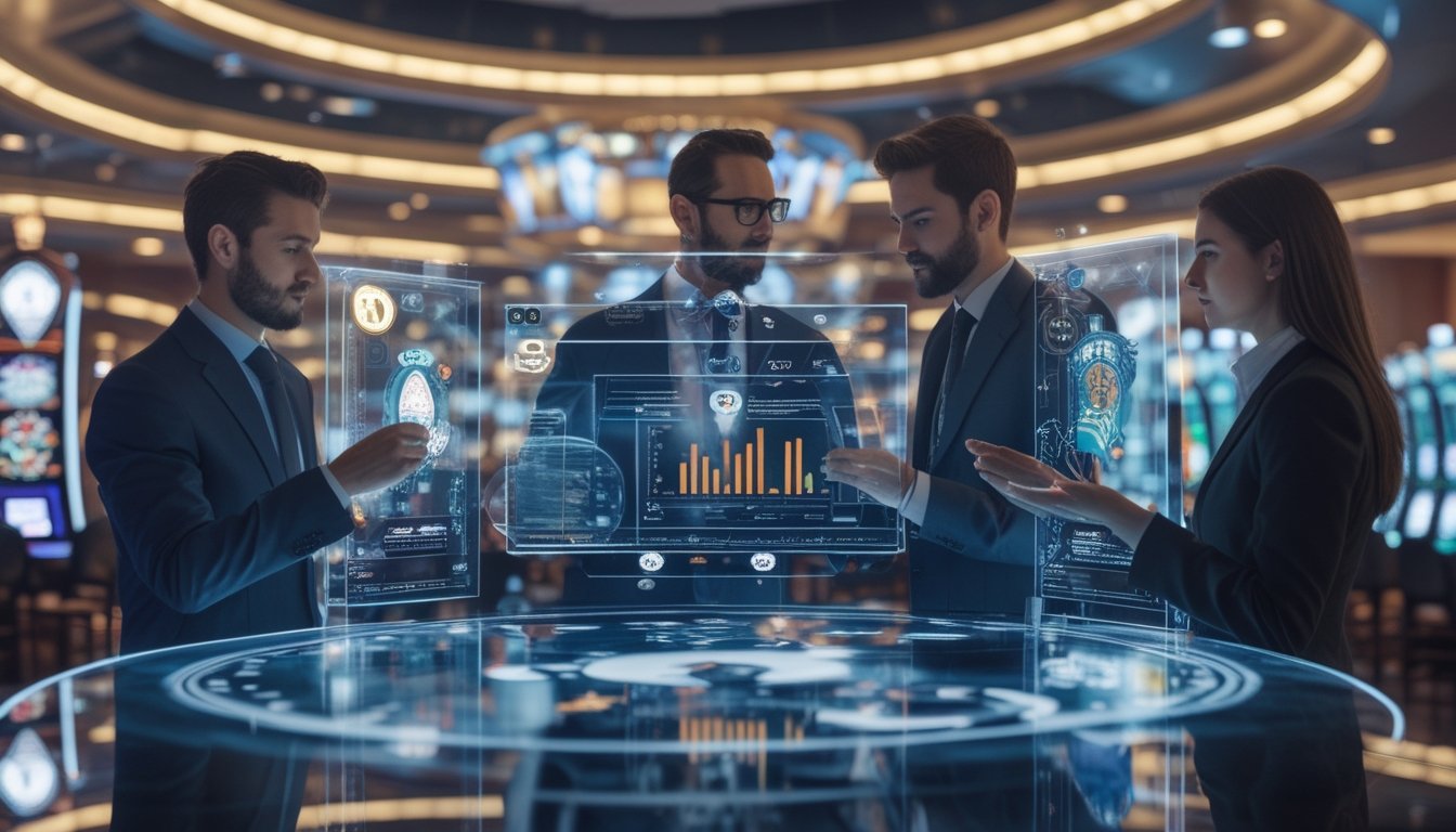 Beberapa profesional sedang menganalisis data digital di lingkungan kasino modern dengan mesin slot digital dan layar holografik di latar belakang.