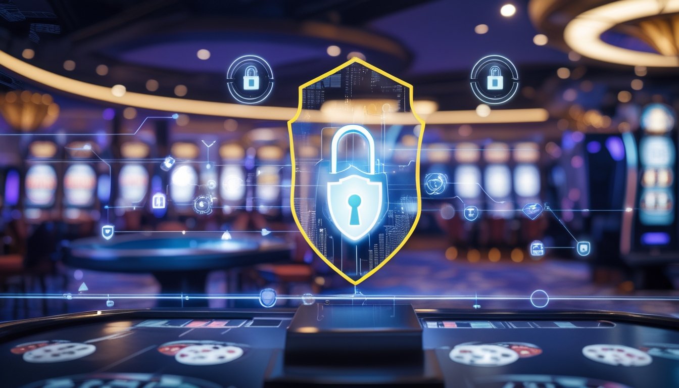 Antarmuka digital dengan ikon keamanan dan latar belakang kasino modern yang menunjukkan teknologi perlindungan data.