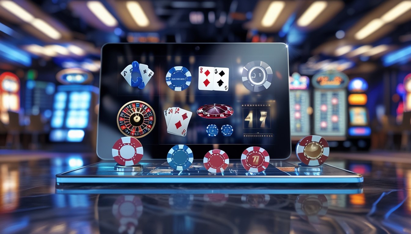 Sebuah layar digital menampilkan elemen permainan kasino seperti kartu poker, roda roulette, mesin slot, dan chip digital yang menyatu dengan latar belakang yang menggambarkan perpaduan antara kasino tradisional dan hiburan online.