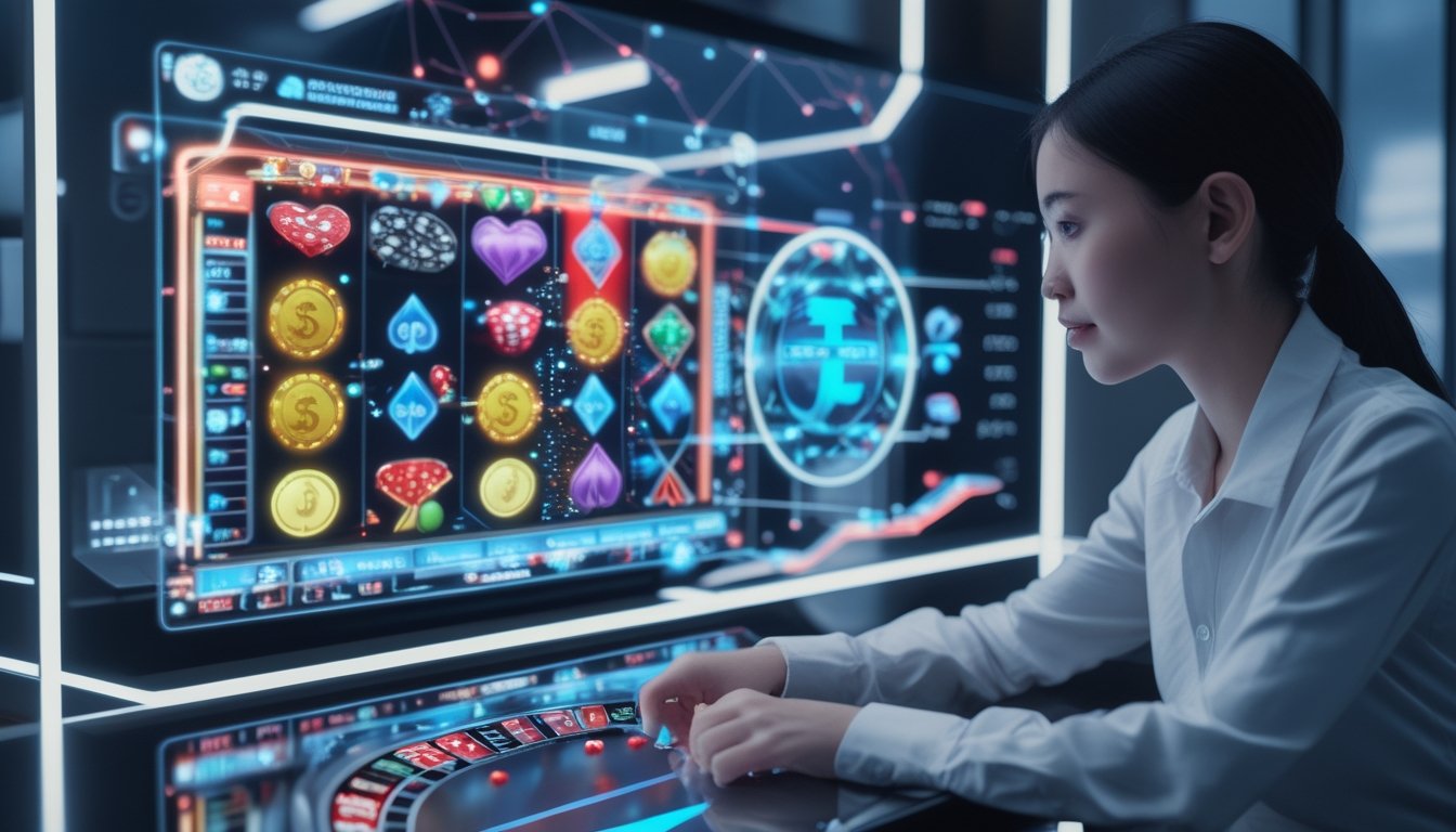 Seseorang menggunakan layar sentuh digital yang menampilkan elemen permainan kasino seperti kartu, chip, dan roda roulette di lingkungan rumah modern.