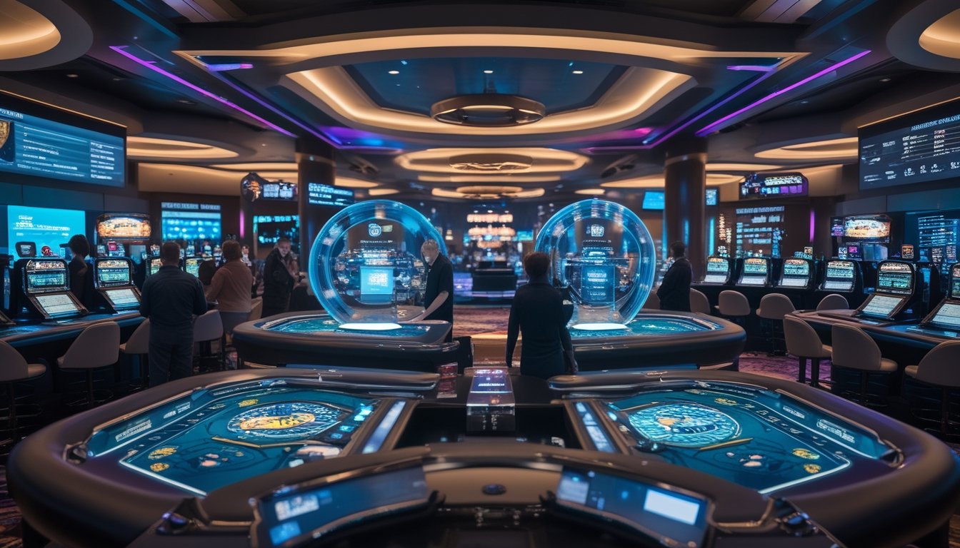 Lantai kasino modern dengan meja permainan digital dan mesin slot yang menampilkan data dan grafik waktu nyata, staf dan pemain berinteraksi dengan layar sentuh dan antarmuka holografik.