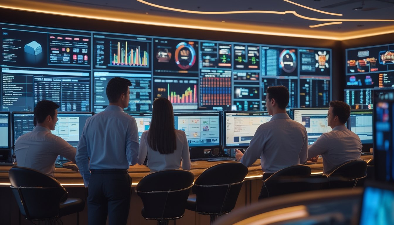 Sejumlah profesional sedang menganalisis data waktu nyata di ruang kontrol kasino dengan layar besar yang menampilkan grafik dan statistik permainan.