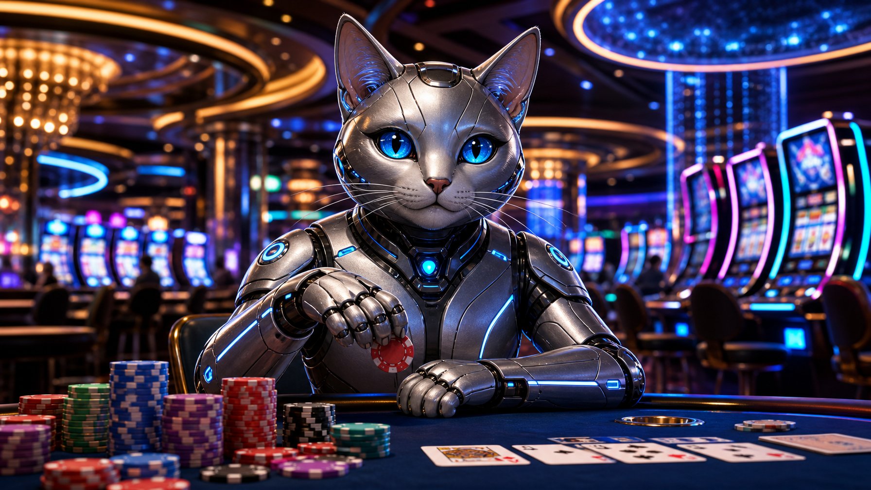 A Robotic Cat Sitting At A Casino Table With Poker Chips And Playing Cards, Surrounded By Glowing Slot Machines And Colorful Lights.