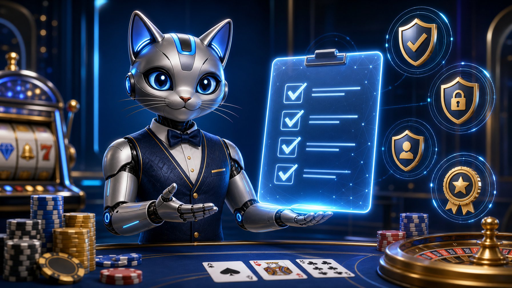 A Robotic Cat Dressed As A Casino Dealer Stands Next To A Glowing Digital Checklist With Trust Badges, Surrounded By Casino Elements Like Poker Chips And Cards.