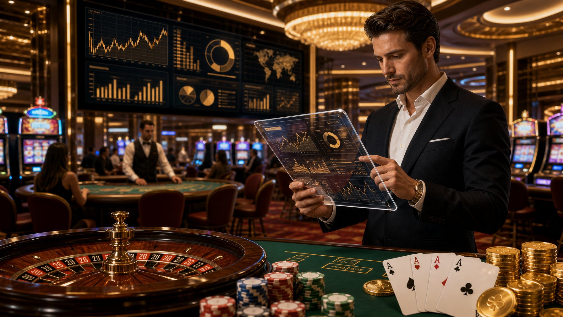 A Person In Business Attire Reviewing Casino Data On A Digital Tablet In A Stylish Casino With Gaming Tables, Slot Machines, And Gambling Elements Around.