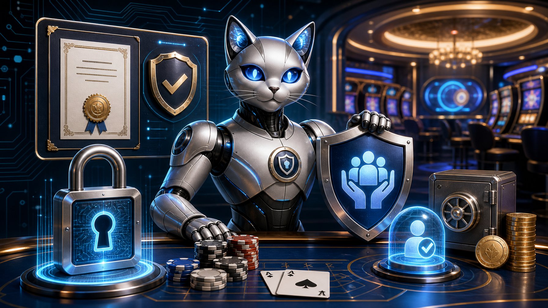 A Futuristic Casino Scene With A Robotic Cat Mascot Surrounded By Symbols Of Security Like Locks, Certificates, And Shields, Representing Licensing And Player Protection.