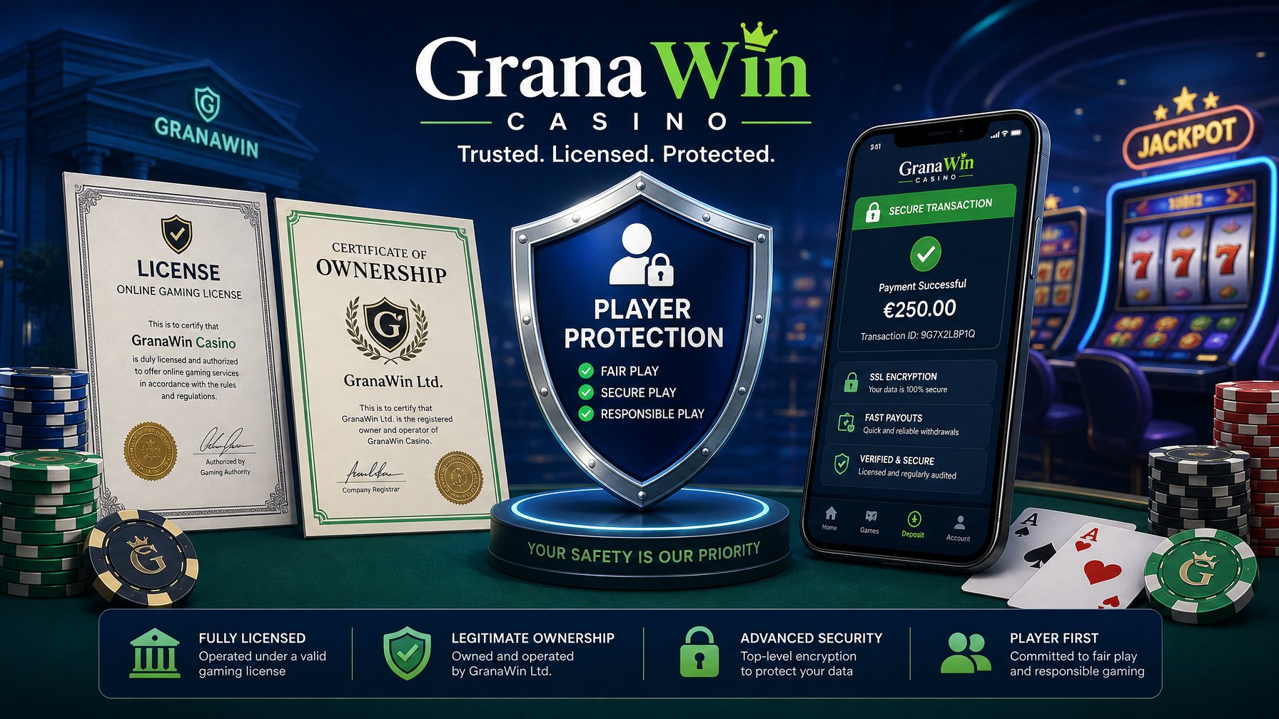 A Secure Casino Scene Showing Symbols Of Player Protection, Official Licensing Documents, And Casino Elements Like Poker Chips And Cards.