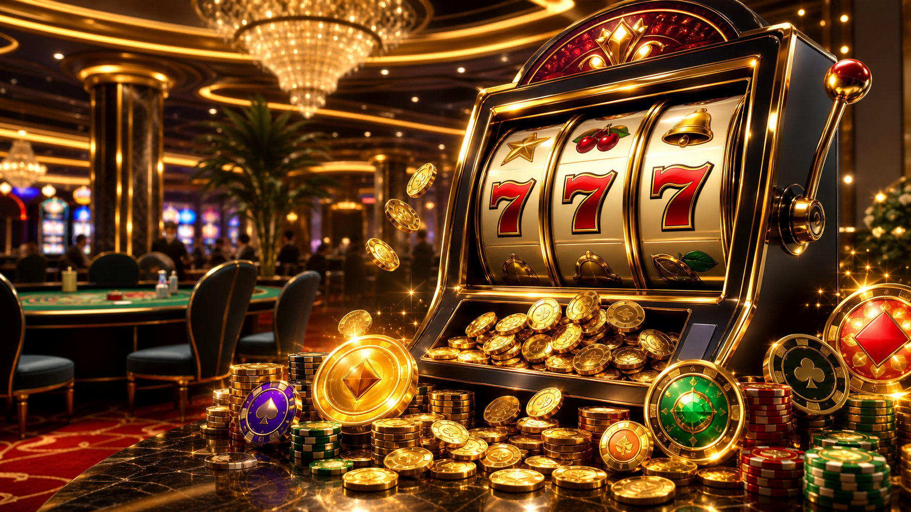 A Casino Scene With A Slot Machine, Coins, And Bonus Chips Representing A Welcome Offer And Bonus Value.