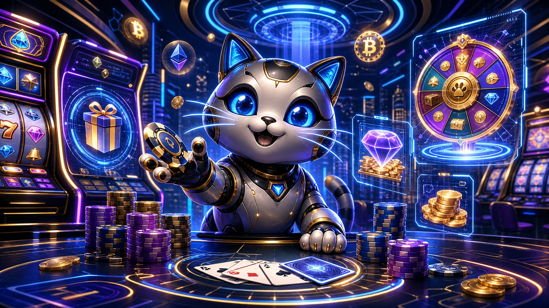 A Futuristic Casino Interior With A Friendly Robotic Cat Interacting With Casino Chips And Cards, Surrounded By Glowing Digital Displays Of Bonuses And Jackpots.