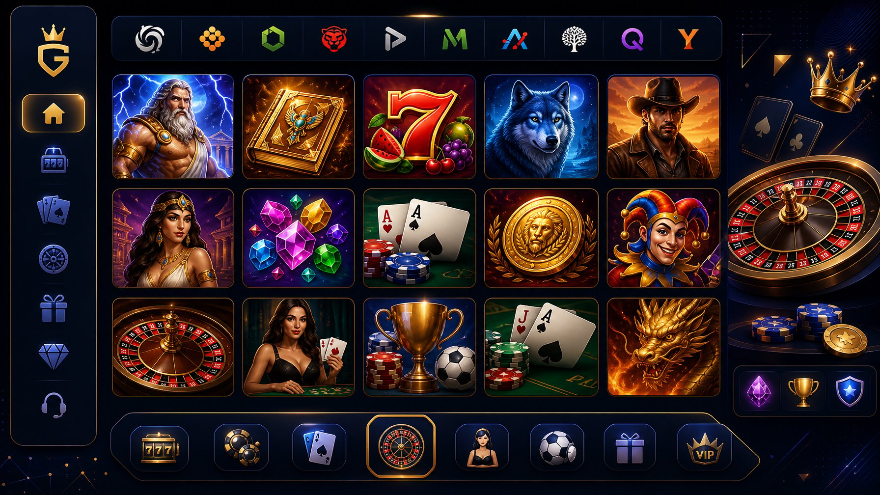 A Digital Casino Game Lobby Showing Various Game Icons Representing Different Casino Games And Software Providers Arranged In A Modern, Sleek Interface.