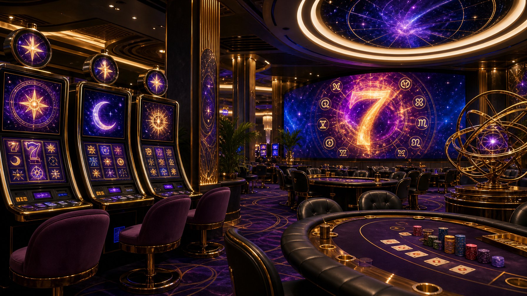 A Vibrant Casino Interior With Slot Machines Showing Mystical Symbols, Gaming Tables With Chips And Cards, And Colorful Abstract Patterns In The Background.