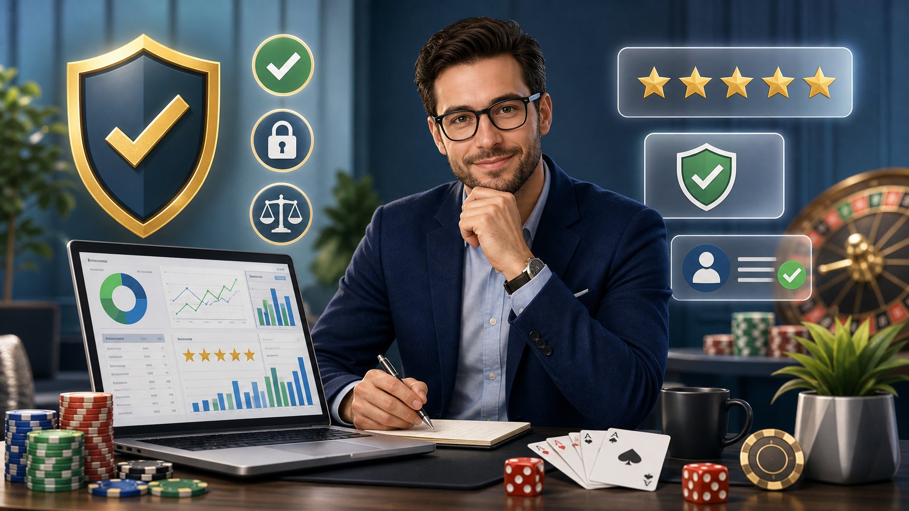 An Expert Reviewing Casino Data At A Desk Surrounded By Symbols Of Trust And Ratings, With CasinoRelated Items Like Cards And Chips Nearby.