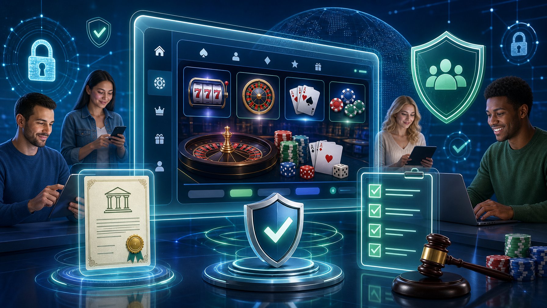 A Digital Casino Interface Surrounded By Symbols Of Licensing And Player Protection, With Diverse Players Interacting Safely In A Secure Environment.