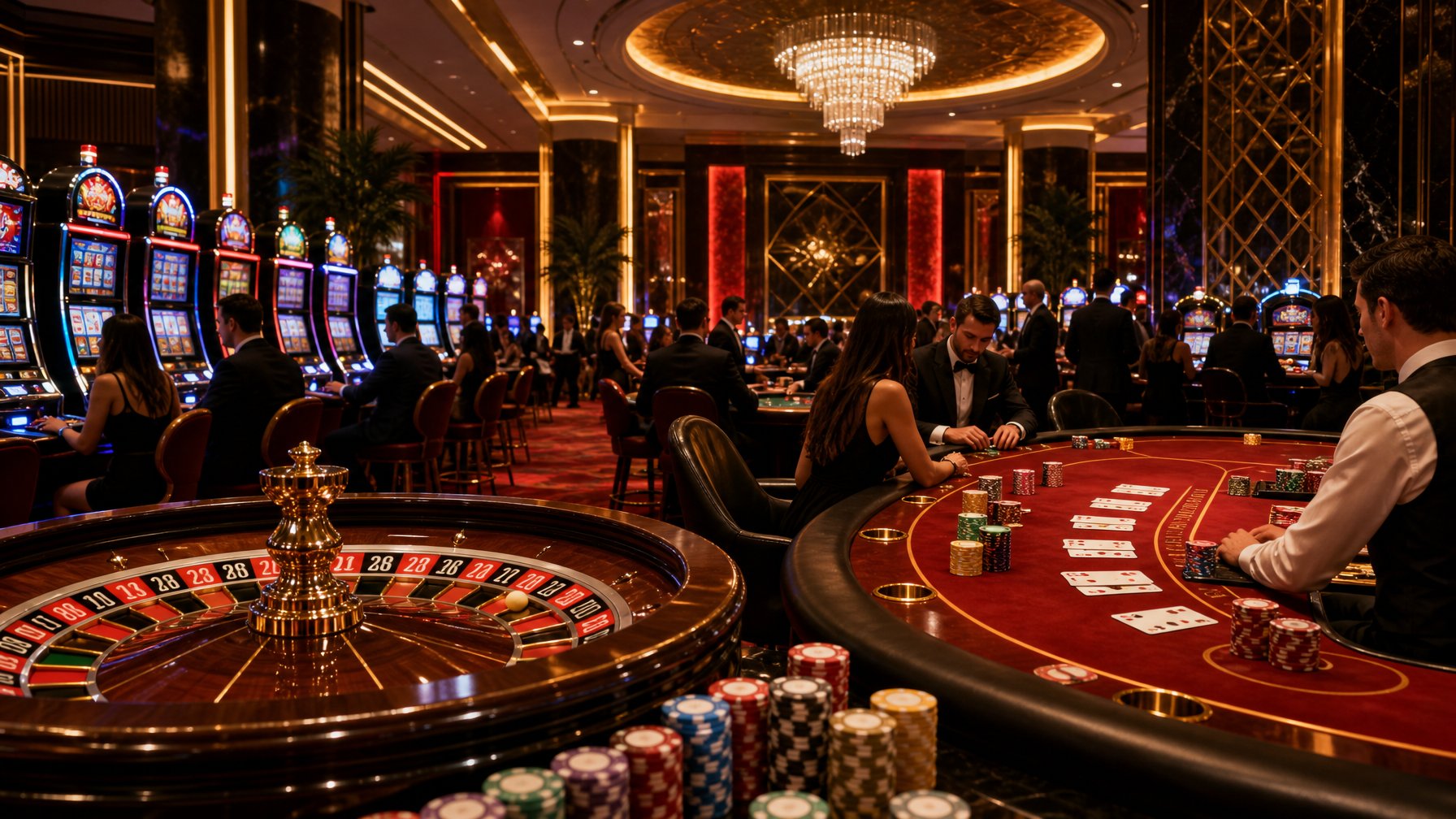 A Lively Casino Interior With Slot Machines, A Poker Table, And A Roulette Wheel, Showing Players Engaged In Games.