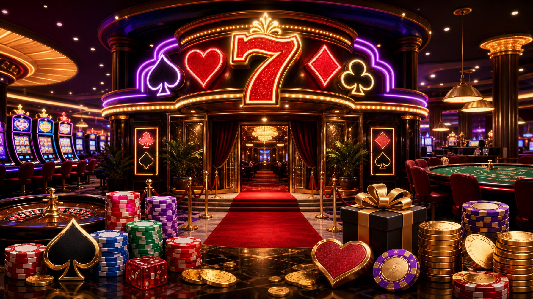 A Lively Casino Entrance With Neon Signs And Playing Card Symbols, Surrounded By Casino Chips And Coins, Leading To A Casino Floor With Slot Machines And Tables.