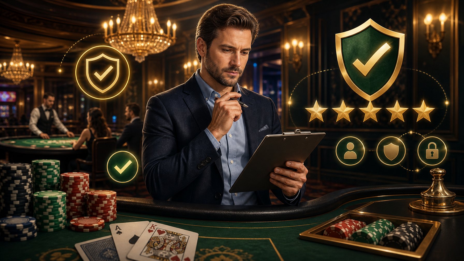 A Person Reviewing A Casino Scene With Poker Chips And Cards, Surrounded By Icons Representing Trust And Evaluation.