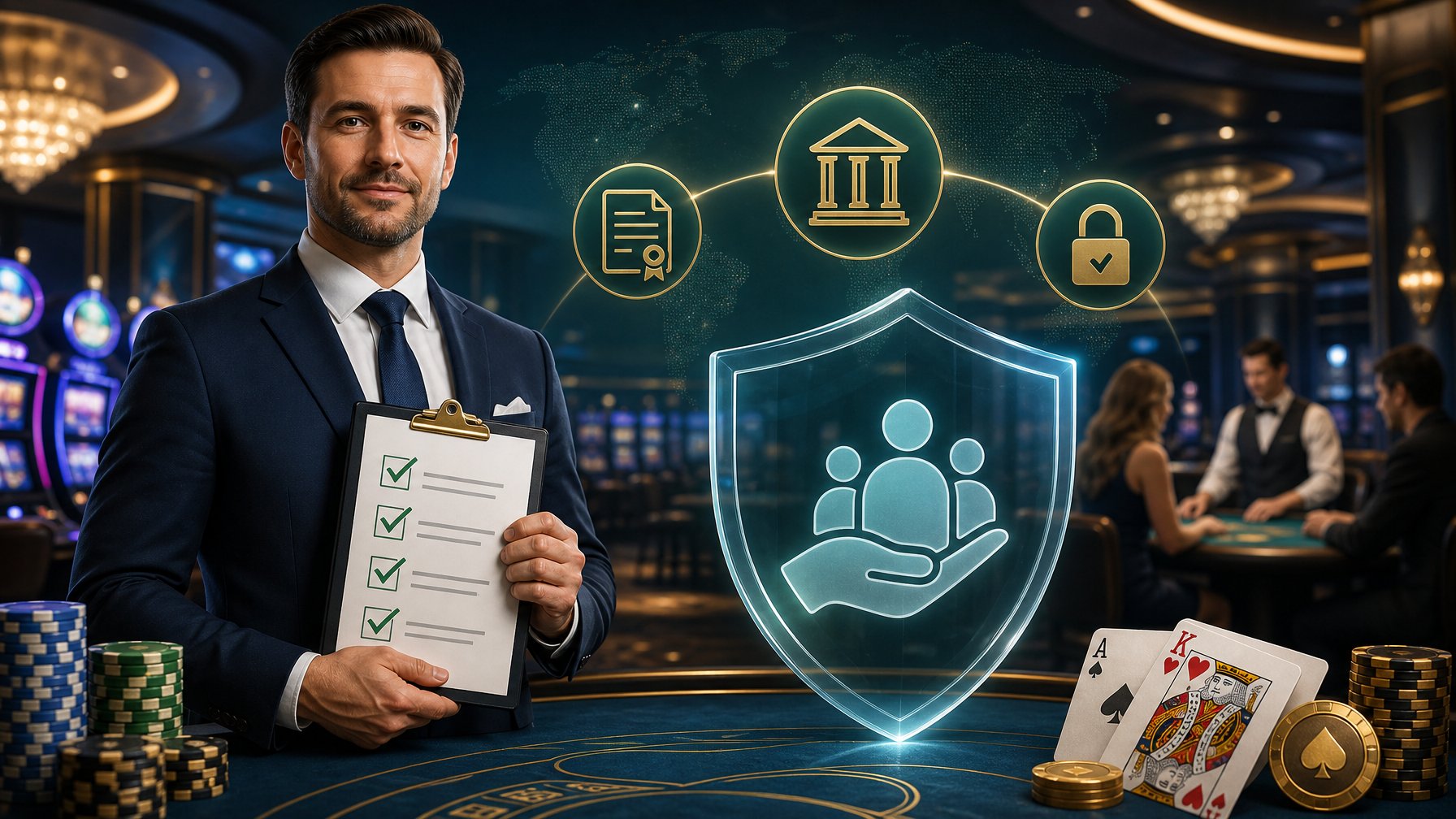 A Casino Operator Holding A Clipboard With Checkmarks Stands Near A Transparent Shield Symbolizing Player Safety, With Poker Chips And Slot Machines In The Background.