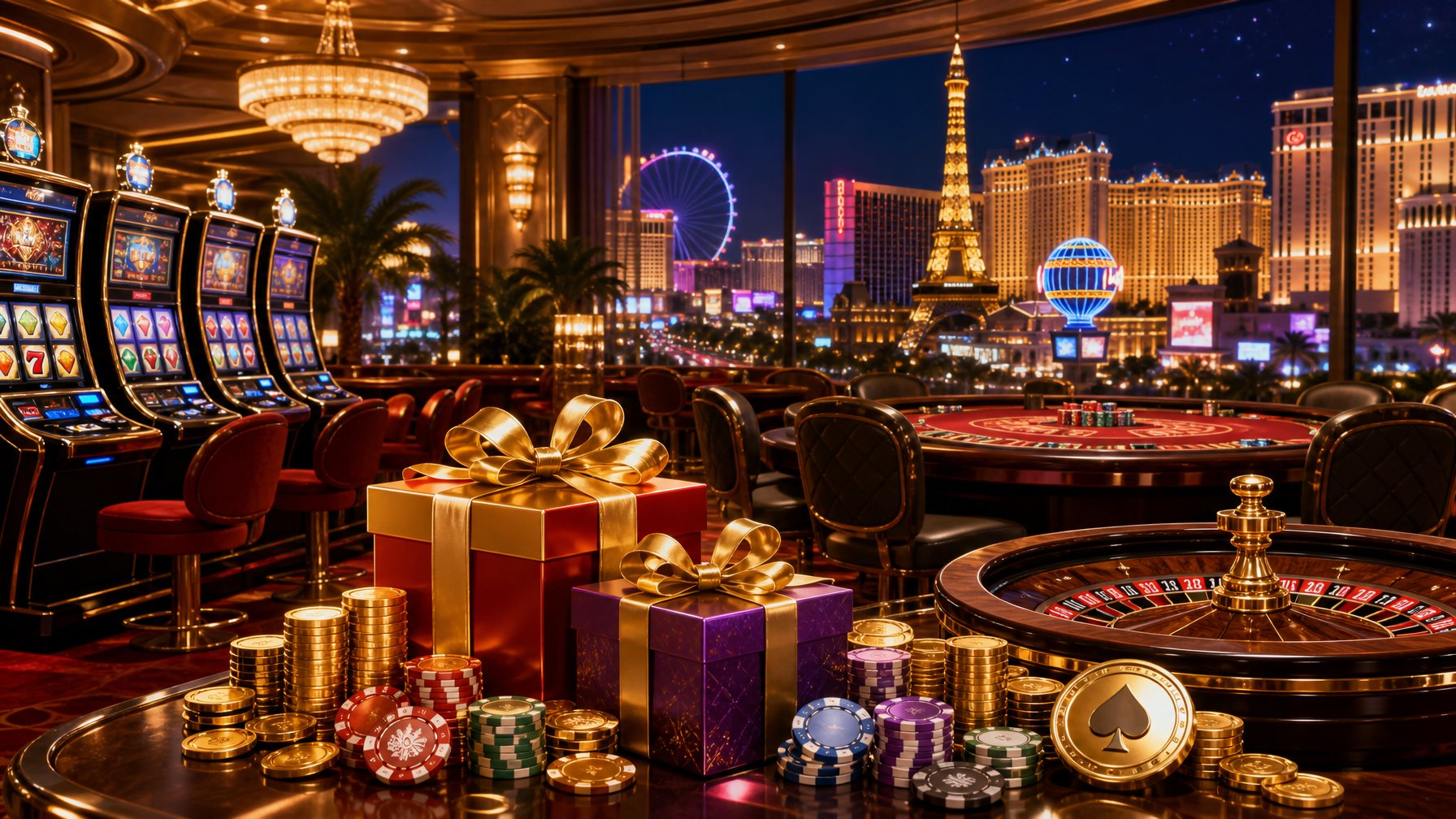 A Lively Casino Interior With Slot Machines, Poker Tables, And Roulette Wheels Surrounded By Golden Coins And Chips, With A Subtle Las Vegas Skyline In The Background.